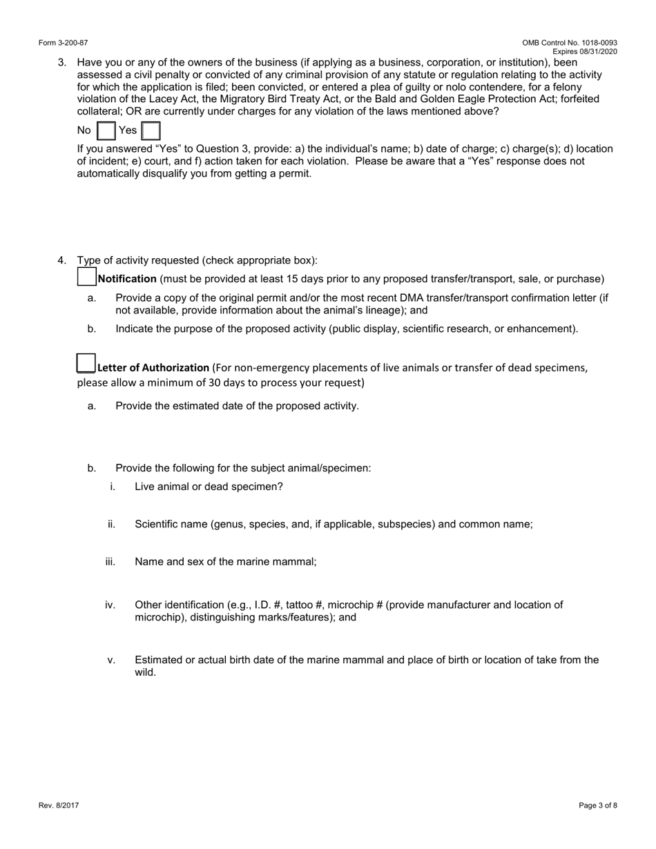 FWS Form 3-200-87 Federal Fish and Wildlife Permit Application Form - Transfer / Transport of Captive-Held Marine Mammals (Mmpa), Page 3