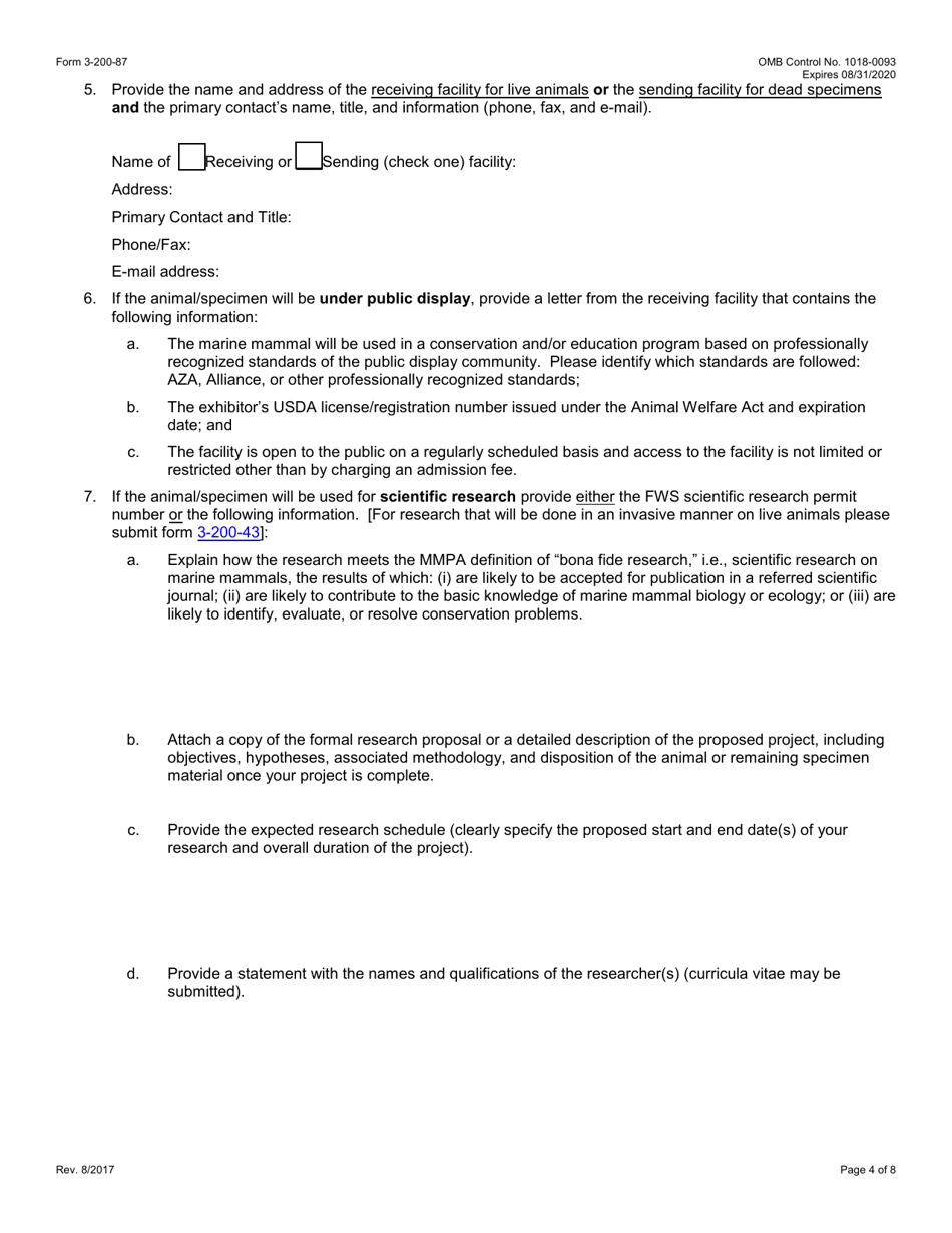FWS Form 3-200-87 Federal Fish and Wildlife Permit Application Form - Transfer / Transport of Captive-Held Marine Mammals (Mmpa), Page 4