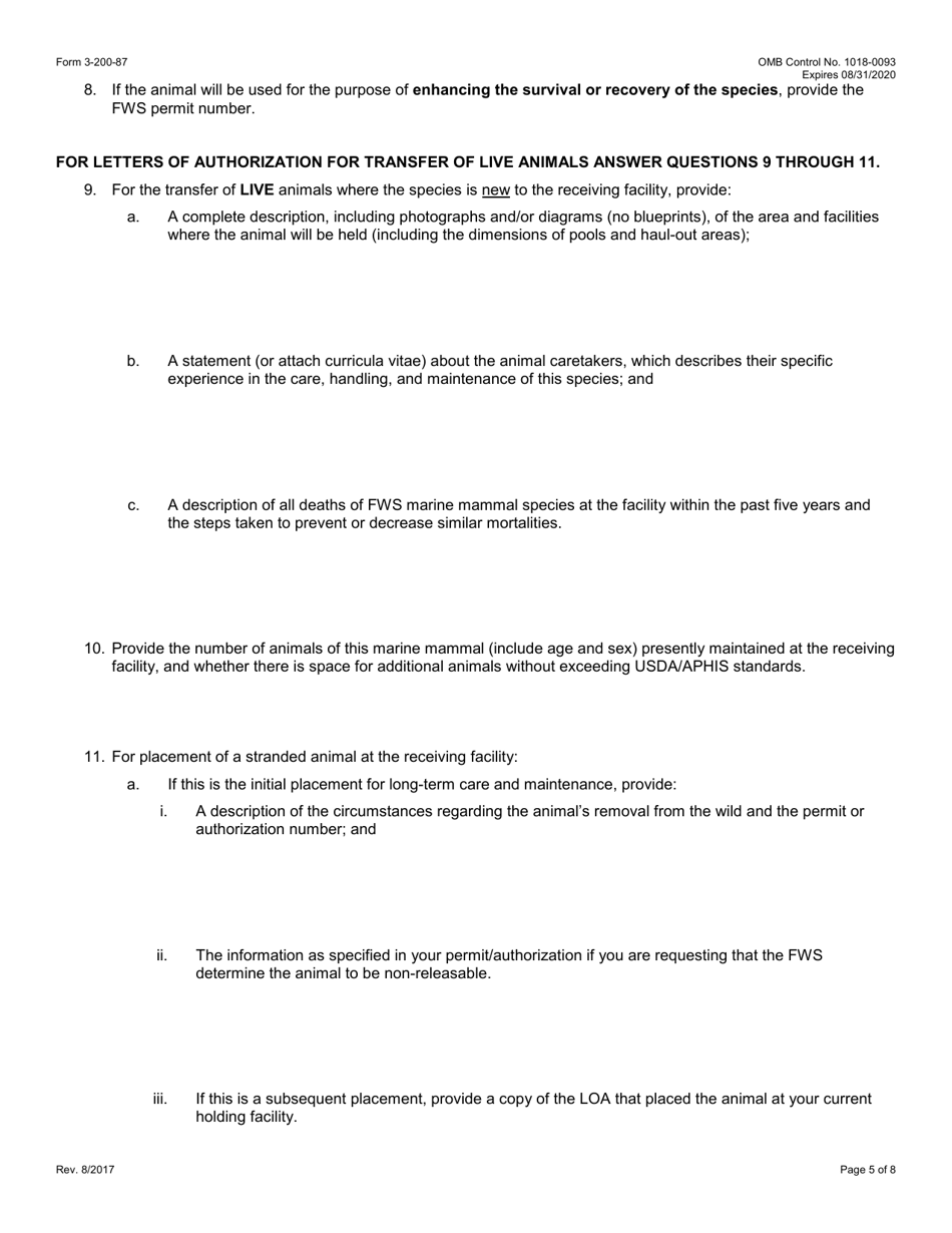 FWS Form 3-200-87 Federal Fish and Wildlife Permit Application Form - Transfer / Transport of Captive-Held Marine Mammals (Mmpa), Page 5