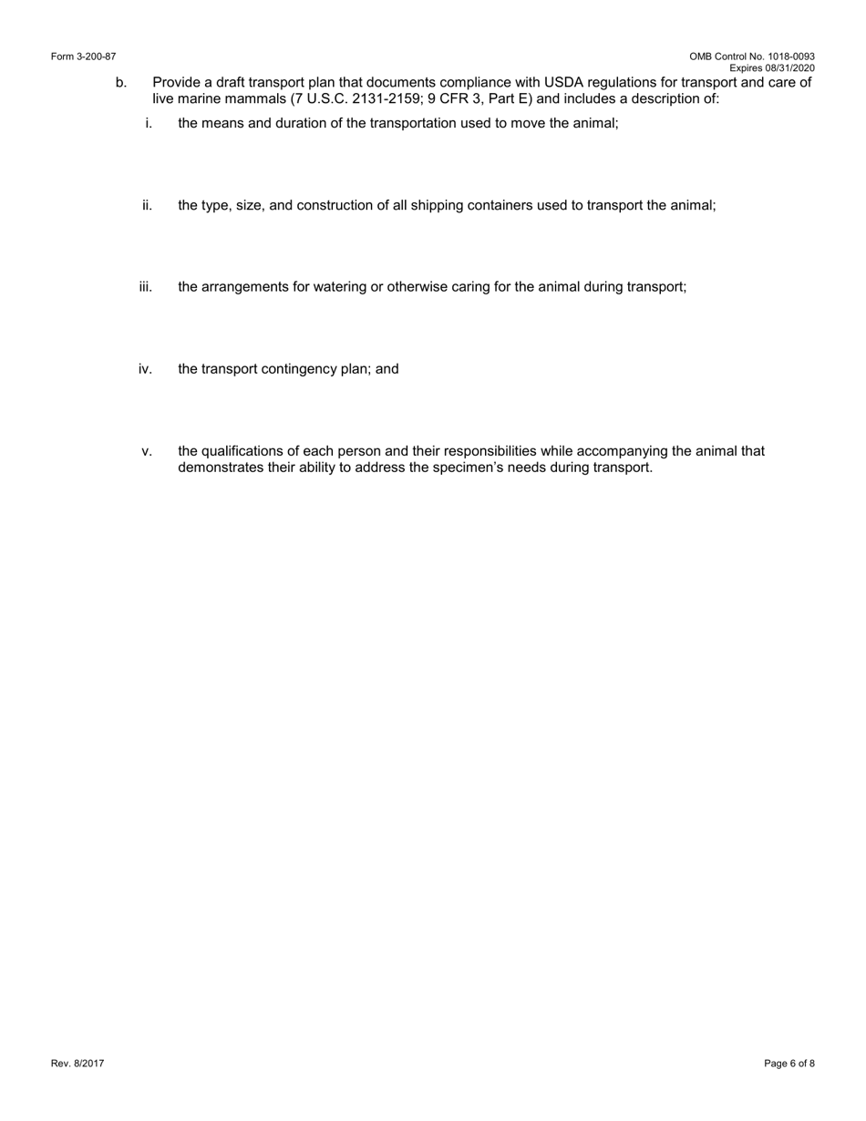 FWS Form 3-200-87 Federal Fish and Wildlife Permit Application Form - Transfer / Transport of Captive-Held Marine Mammals (Mmpa), Page 6