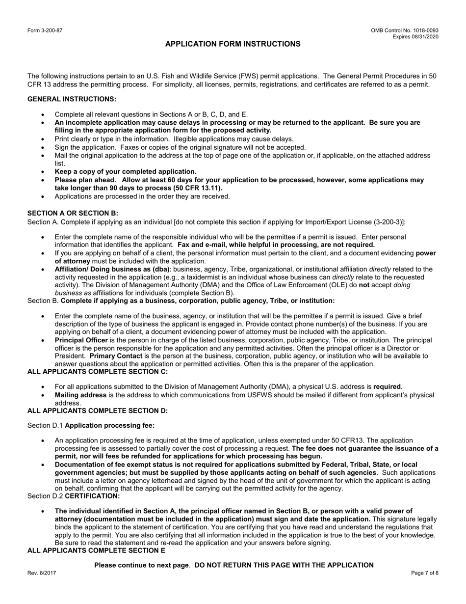 FWS Form 3-200-87 Federal Fish and Wildlife Permit Application Form - Transfer / Transport of Captive-Held Marine Mammals (Mmpa), Page 7