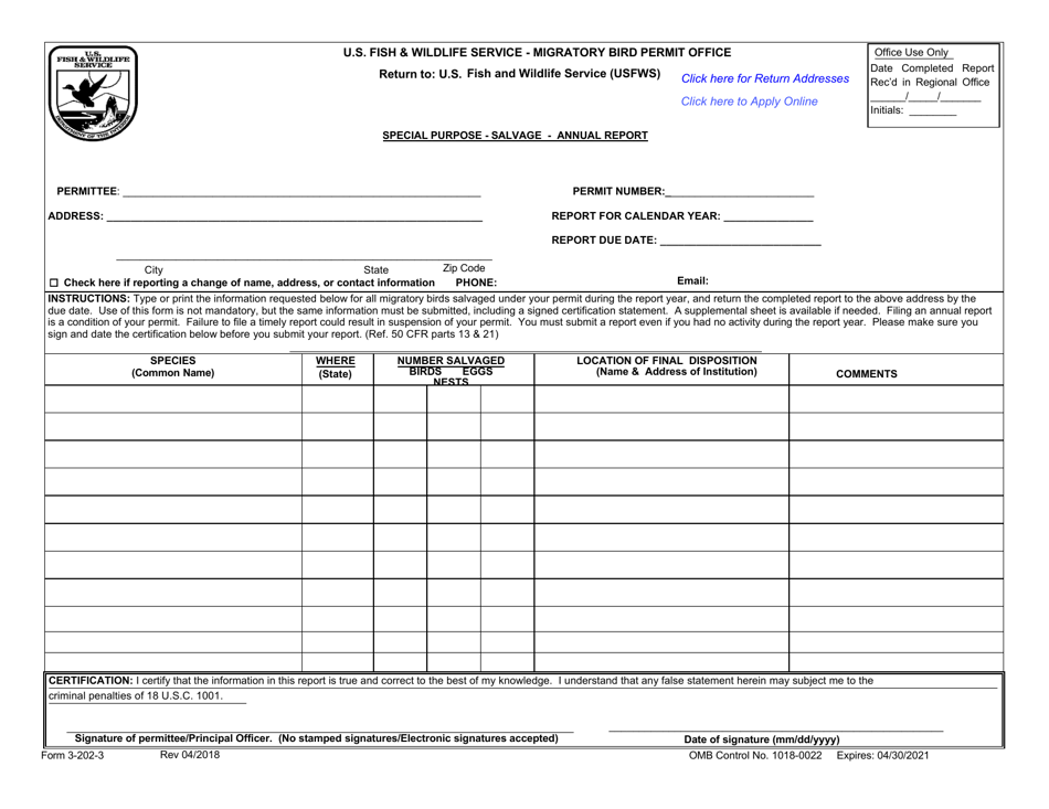 FWS Form 3-202-3 Special Purpose - Salvage - Annual Report, Page 1