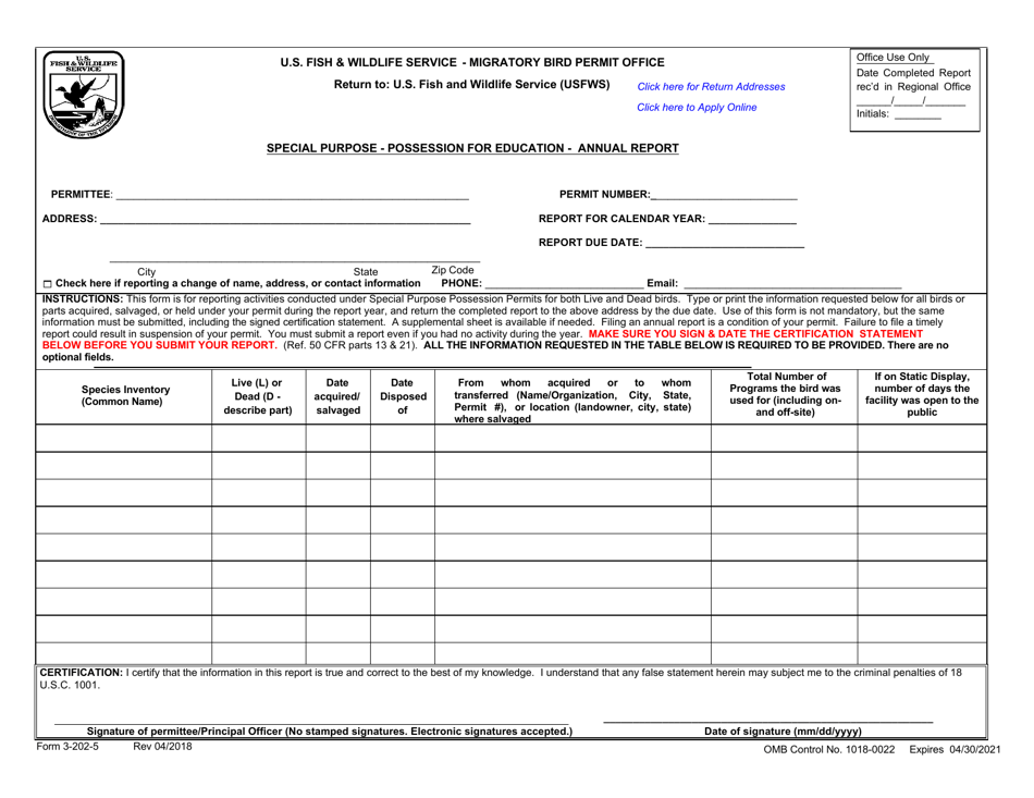 FWS Form 3-202-5 Special Purpose - Possession for Education - Annual Report, Page 1
