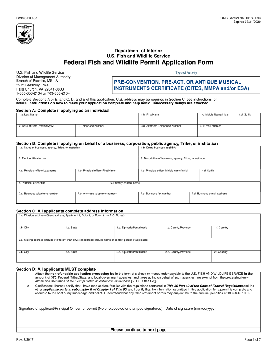 FWS Form 3-200-88 Federal Fish and Wildlife Permit Application Form - Pre-convention, Pre-act, or Antique Musical Instruments Certificate (Cites, Mmpa and / or Esa), Page 1