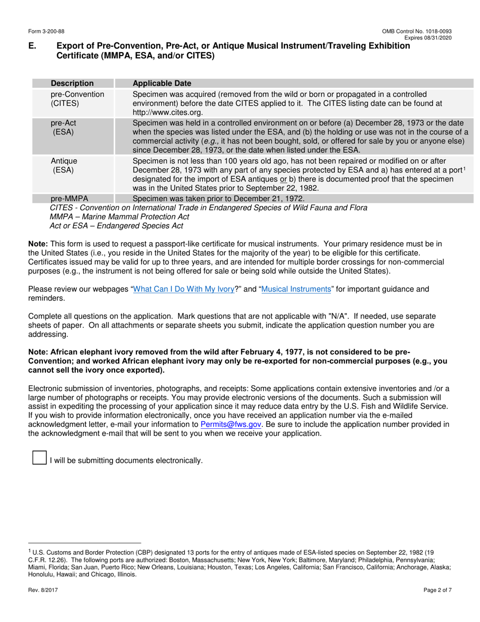 FWS Form 3-200-88 Federal Fish and Wildlife Permit Application Form - Pre-convention, Pre-act, or Antique Musical Instruments Certificate (Cites, Mmpa and / or Esa), Page 2