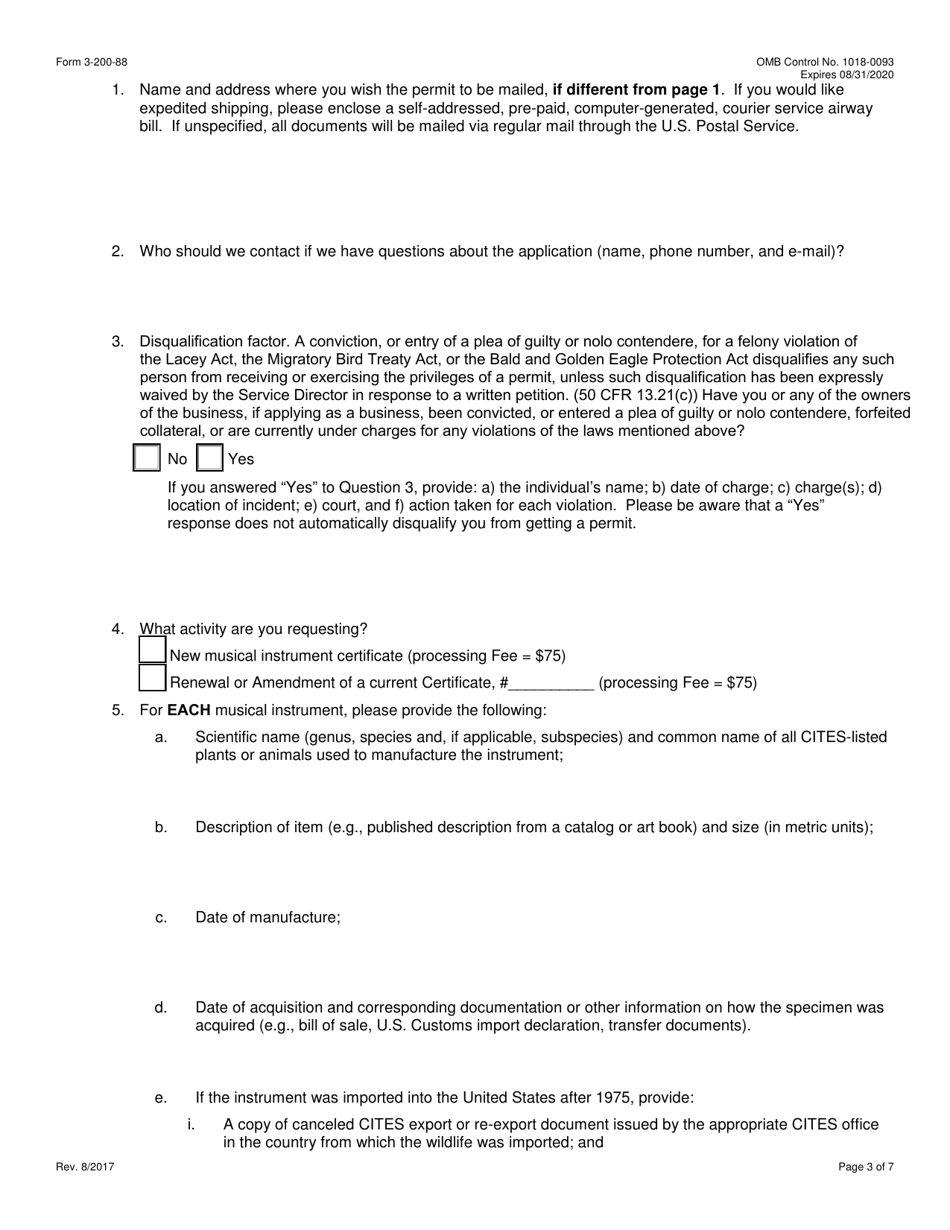 FWS Form 3-200-88 Federal Fish and Wildlife Permit Application Form - Pre-convention, Pre-act, or Antique Musical Instruments Certificate (Cites, Mmpa and / or Esa), Page 3