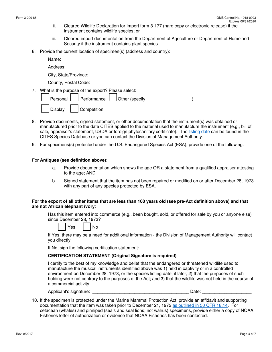 FWS Form 3-200-88 Federal Fish and Wildlife Permit Application Form - Pre-convention, Pre-act, or Antique Musical Instruments Certificate (Cites, Mmpa and / or Esa), Page 4