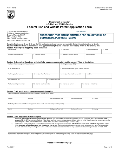 FWS Form 3-200-86 Federal Fish and Wildlife Permit Application Form - Photography of Marine Mammals for Educational or Commercial Purposes (Mmpa)