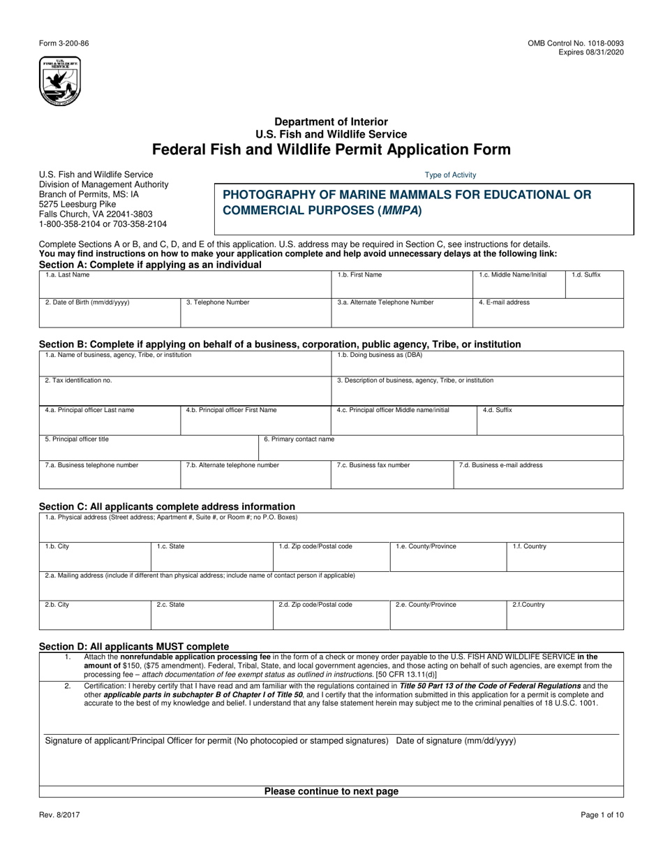 FWS Form 3-200-86 Federal Fish and Wildlife Permit Application Form - Photography of Marine Mammals for Educational or Commercial Purposes (Mmpa), Page 1