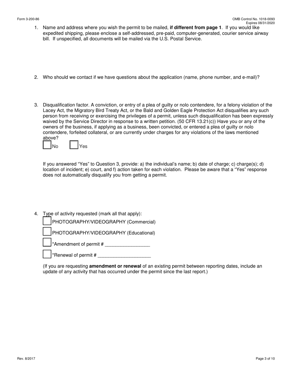 FWS Form 3-200-86 Federal Fish and Wildlife Permit Application Form - Photography of Marine Mammals for Educational or Commercial Purposes (Mmpa), Page 3