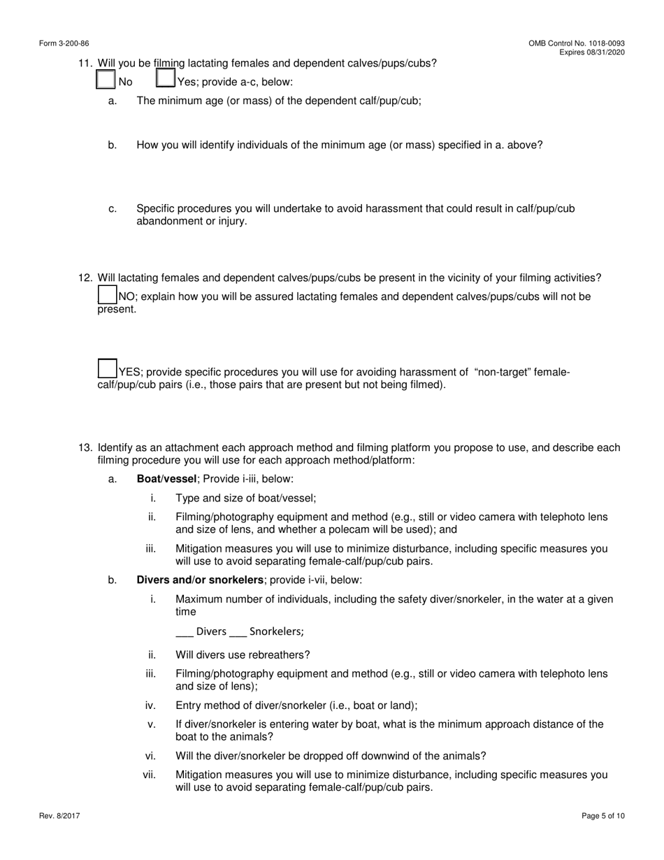FWS Form 3-200-86 Federal Fish and Wildlife Permit Application Form - Photography of Marine Mammals for Educational or Commercial Purposes (Mmpa), Page 5