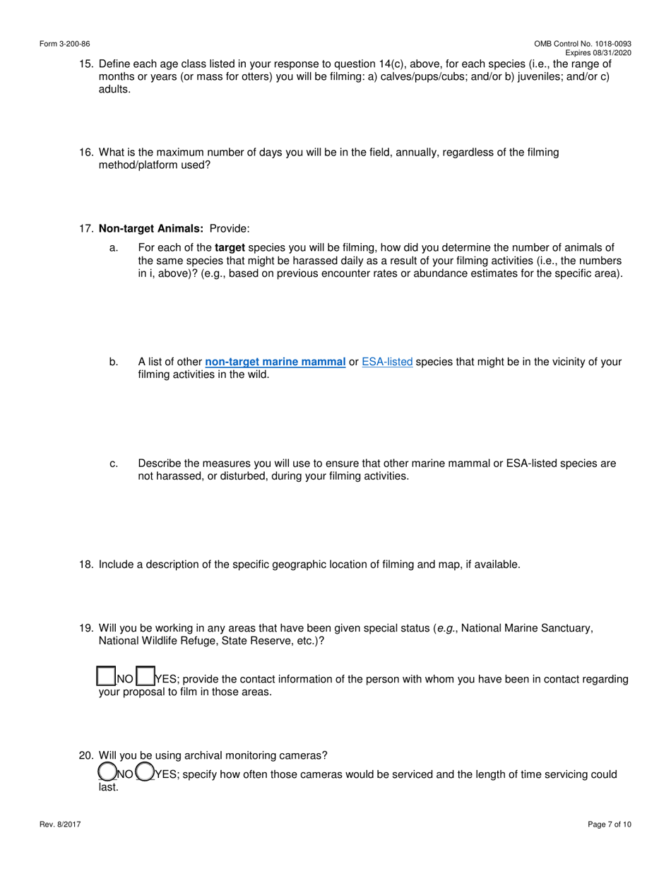 FWS Form 3-200-86 Federal Fish and Wildlife Permit Application Form - Photography of Marine Mammals for Educational or Commercial Purposes (Mmpa), Page 7