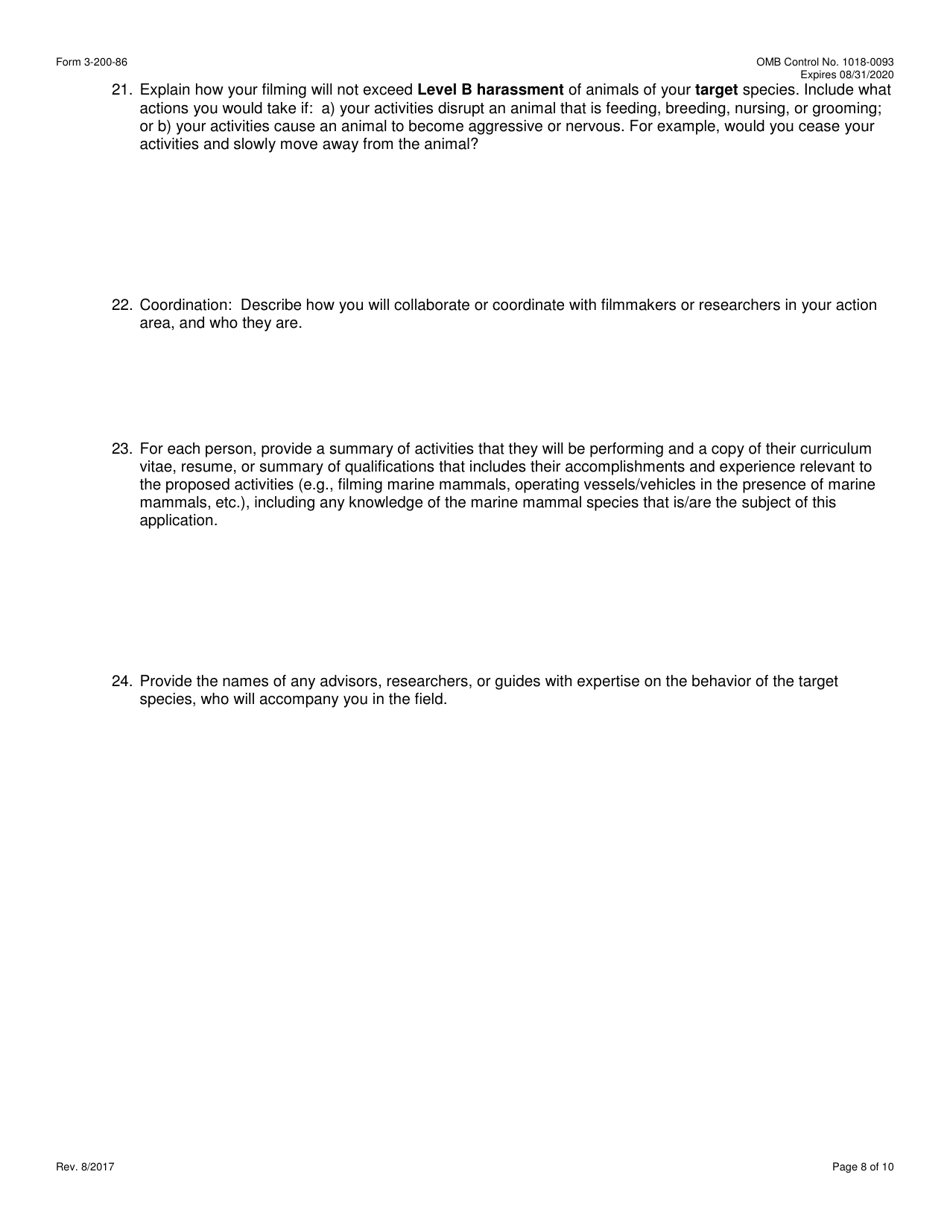 FWS Form 3-200-86 Federal Fish and Wildlife Permit Application Form - Photography of Marine Mammals for Educational or Commercial Purposes (Mmpa), Page 8