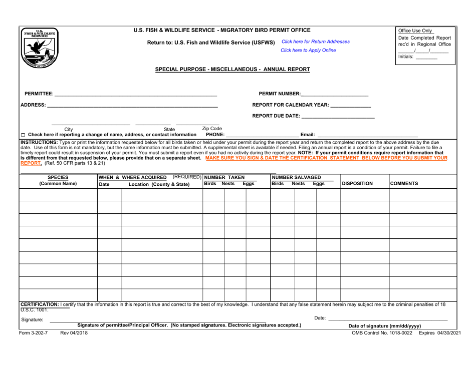 FWS Form 3-202-7 Special Purpose - Miscellaneous - Annual Report, Page 1