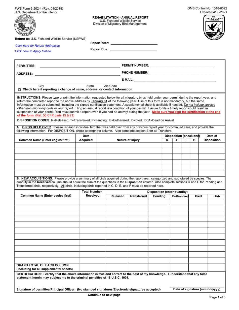 FWS Form 3-202-4 Rehabilitation - Annual Report, Page 1