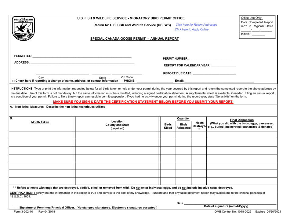 FWS Form 3-202-10 Special Canada Goose Permit - Annual Report, Page 1
