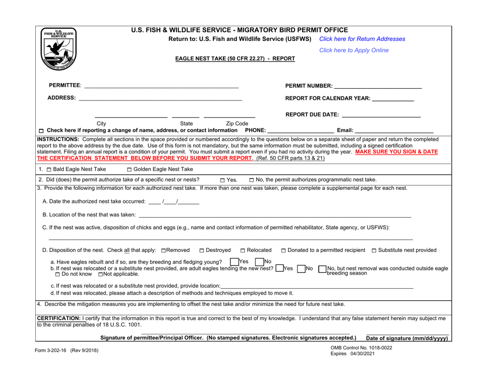FWS Form 3-202-16 Eagle Nest Take (50 Cfr 22.27) - Report, Page 1