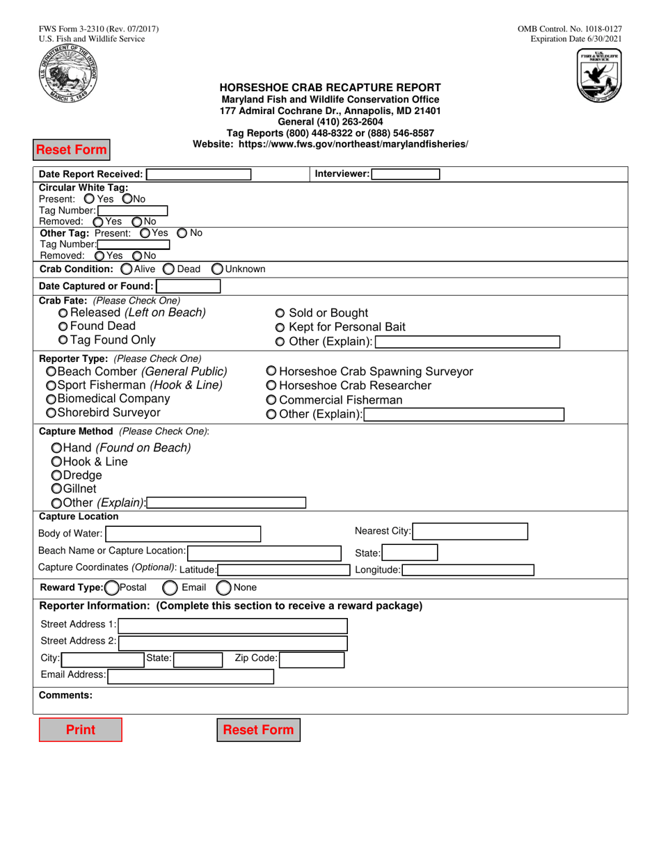 FWS Form 3-2310 Horseshoe Crab Recapture Report, Page 1