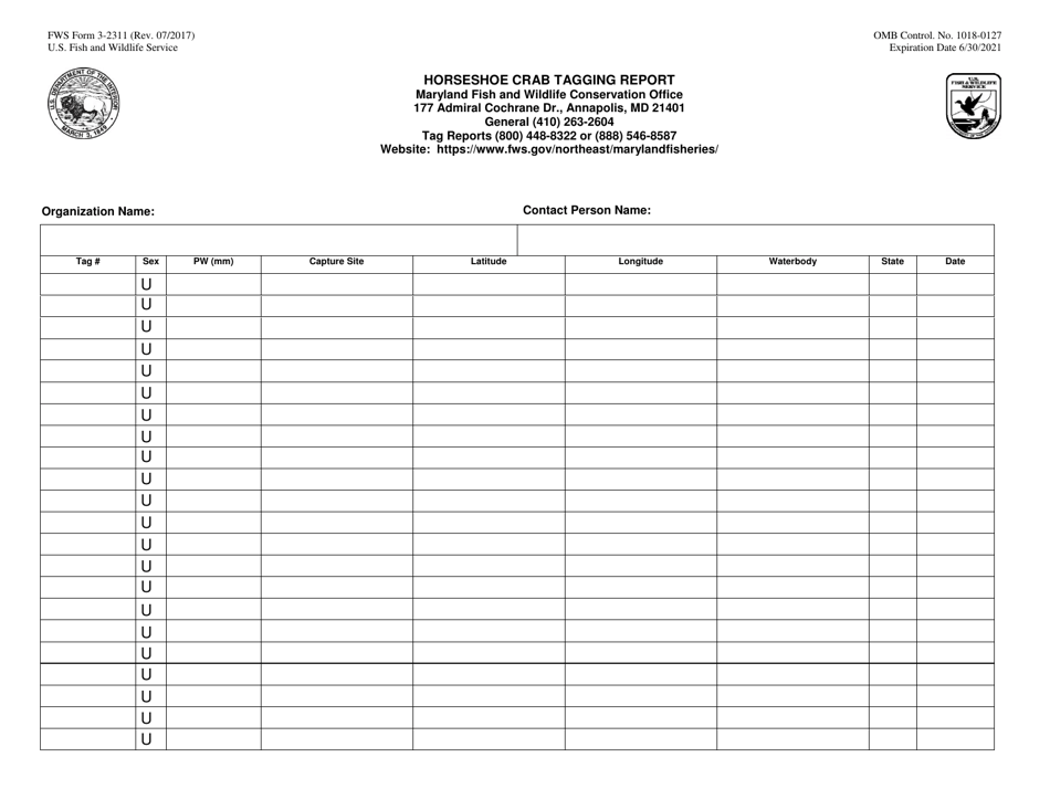 FWS Form 3-2311 Horseshoe Crab Tagging Report, Page 1