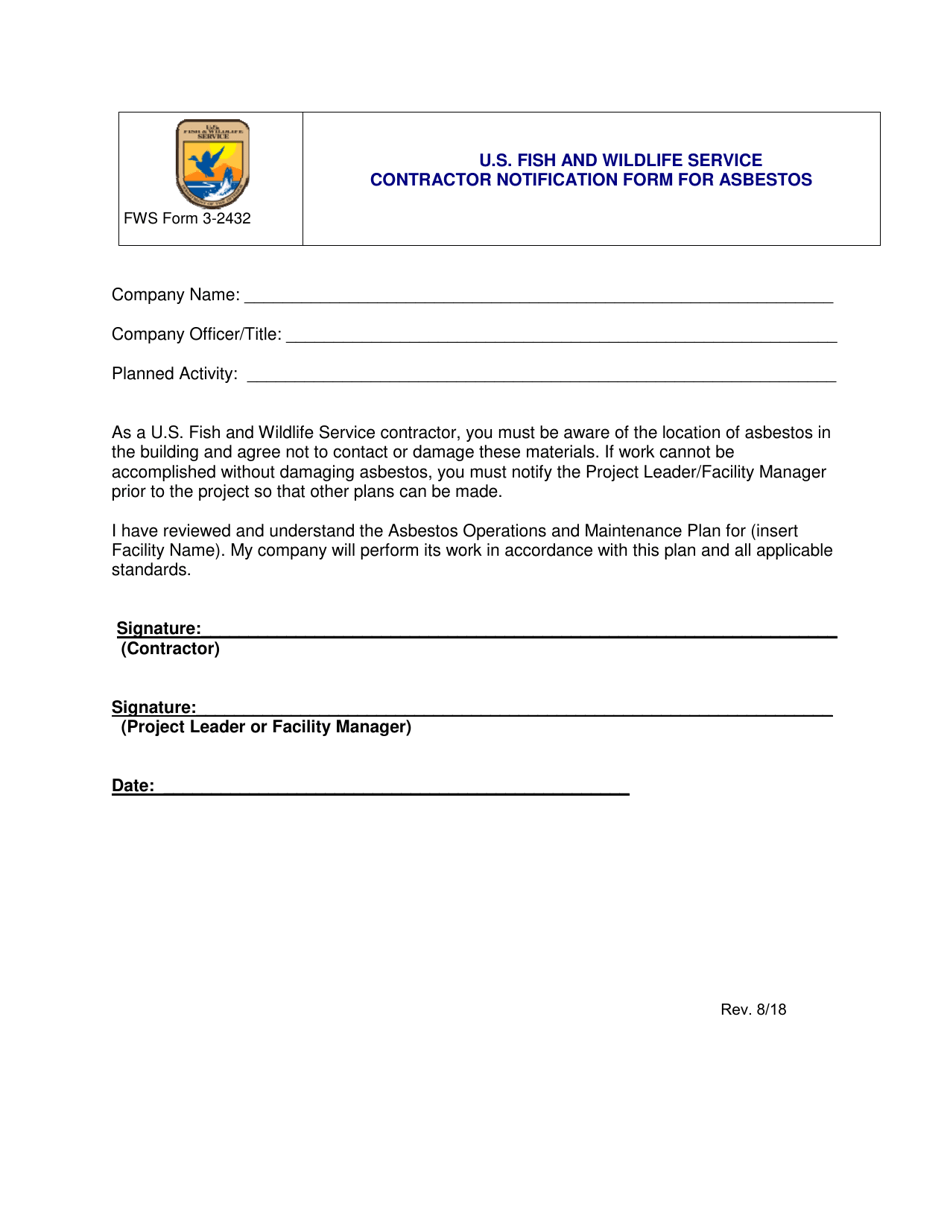 FWS Form 3-2432 Contractor Notification Form for Asbestos, Page 1