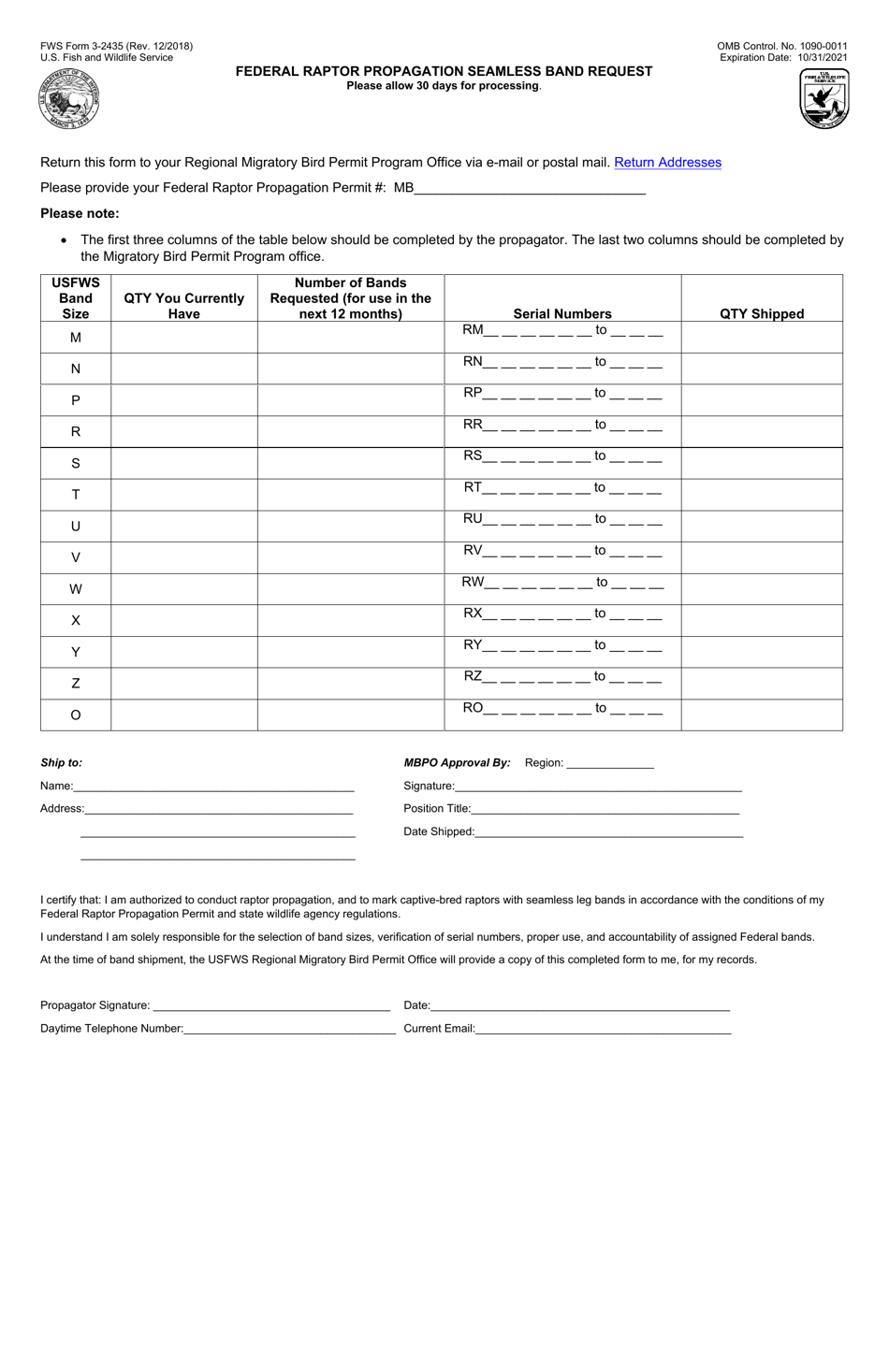 FWS Form 3-2435 Federal Raptor Propagation Seamless Band Request, Page 1