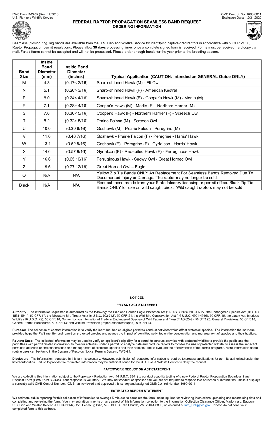 FWS Form 3-2435 Federal Raptor Propagation Seamless Band Request, Page 2