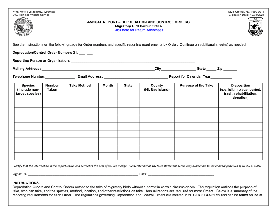 FWS Form 3-2436 Annual Report - Depredation and Control Orders, Page 1