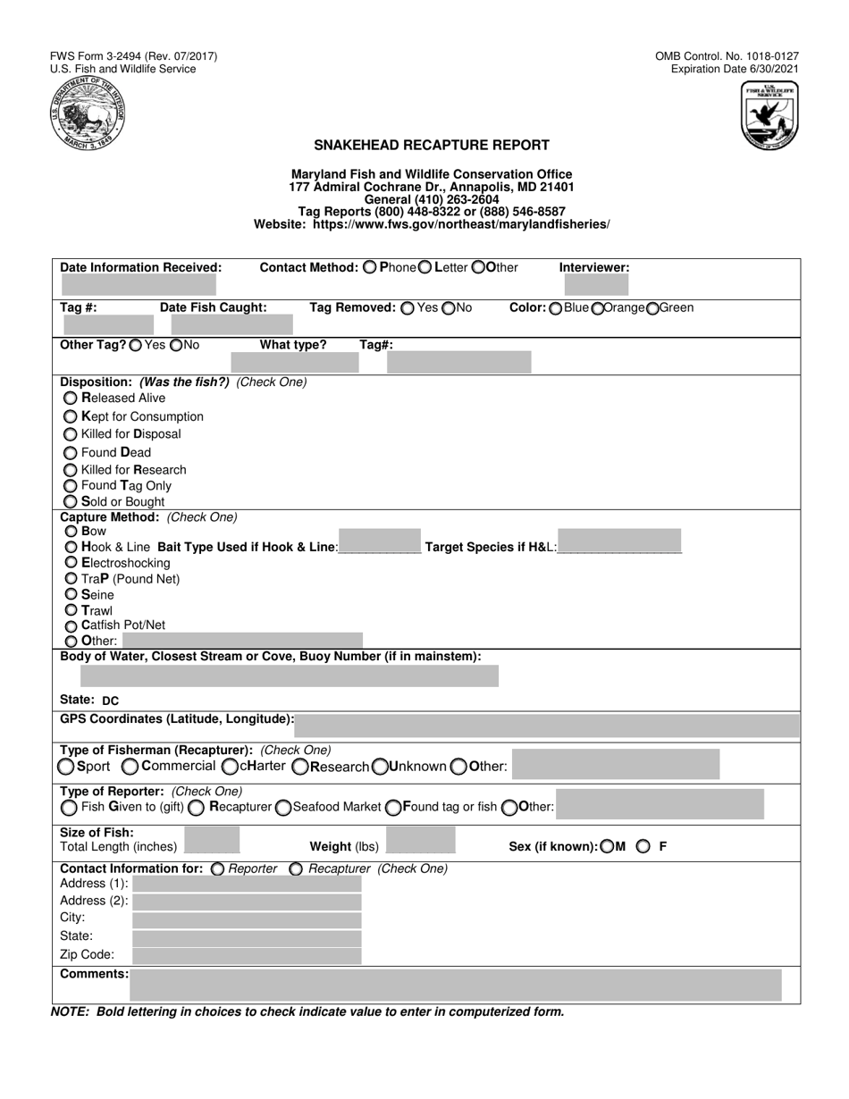 FWS Form 3-2494 Snakehead Recapture Report, Page 1