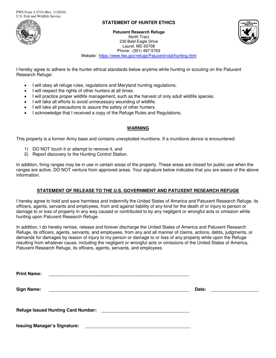 FWS Form 3-2516 Statement of Hunter Ethics - Patuxent Research Refuge, Page 1