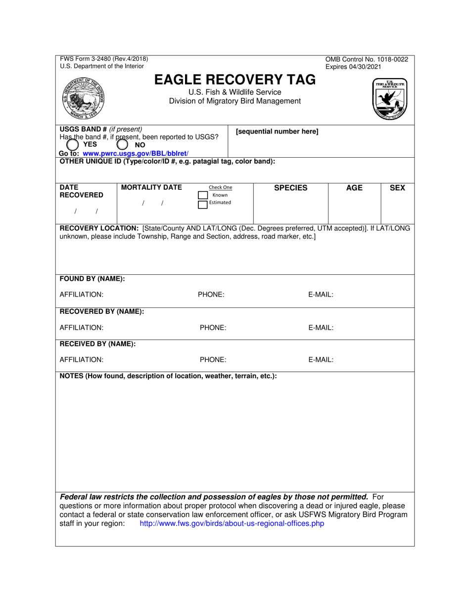 FWS Form 3-2480 Eagle Recovery Tag, Page 1