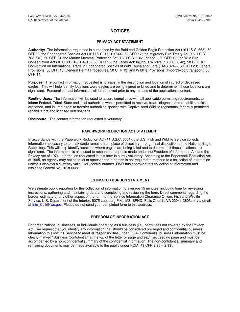FWS Form 3-2480 Eagle Recovery Tag, Page 3