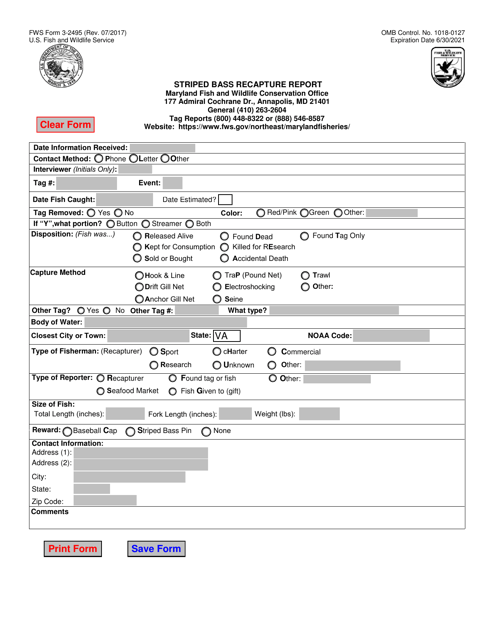 FWS Form 3-2495 Striped Bass Recapture Report