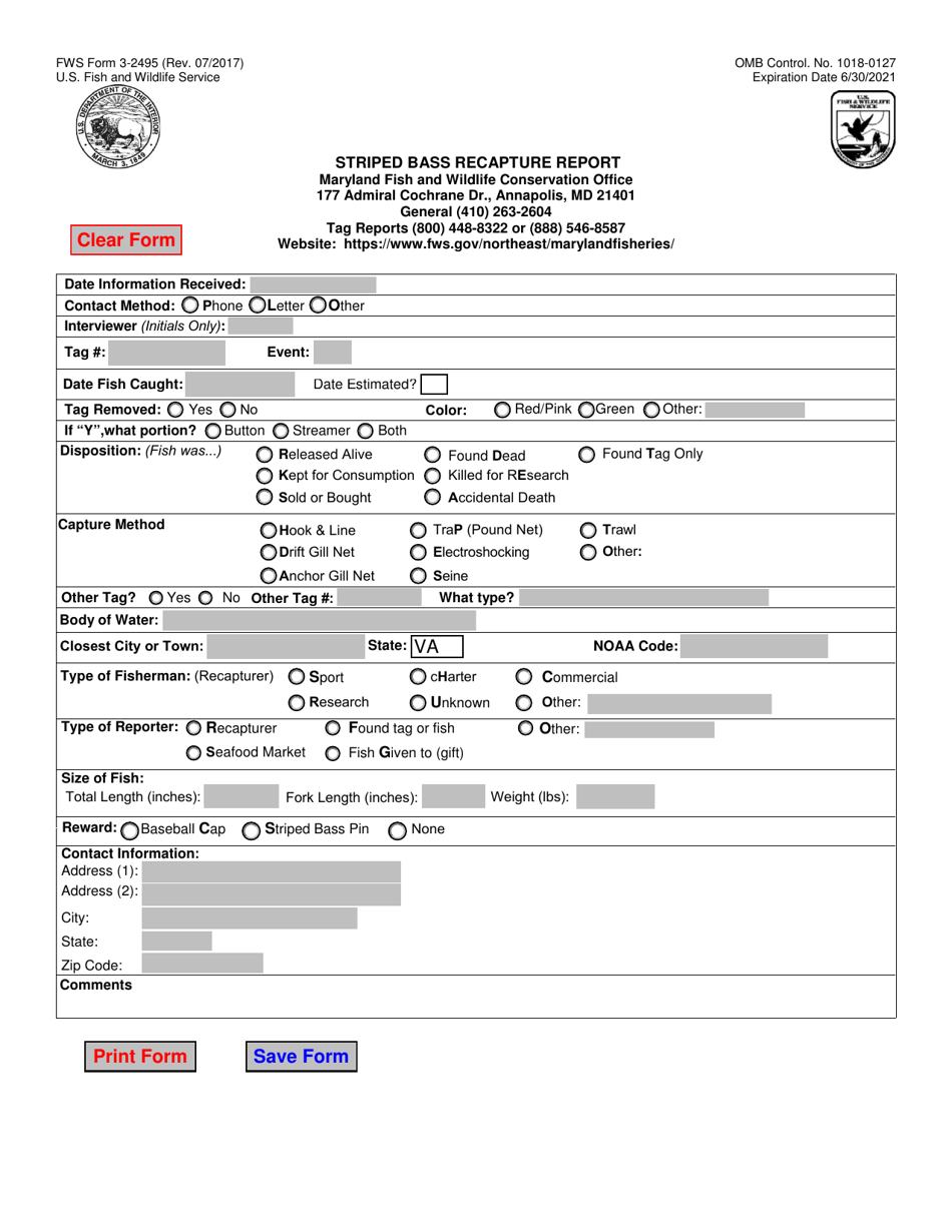 FWS Form 3-2495 Striped Bass Recapture Report, Page 1