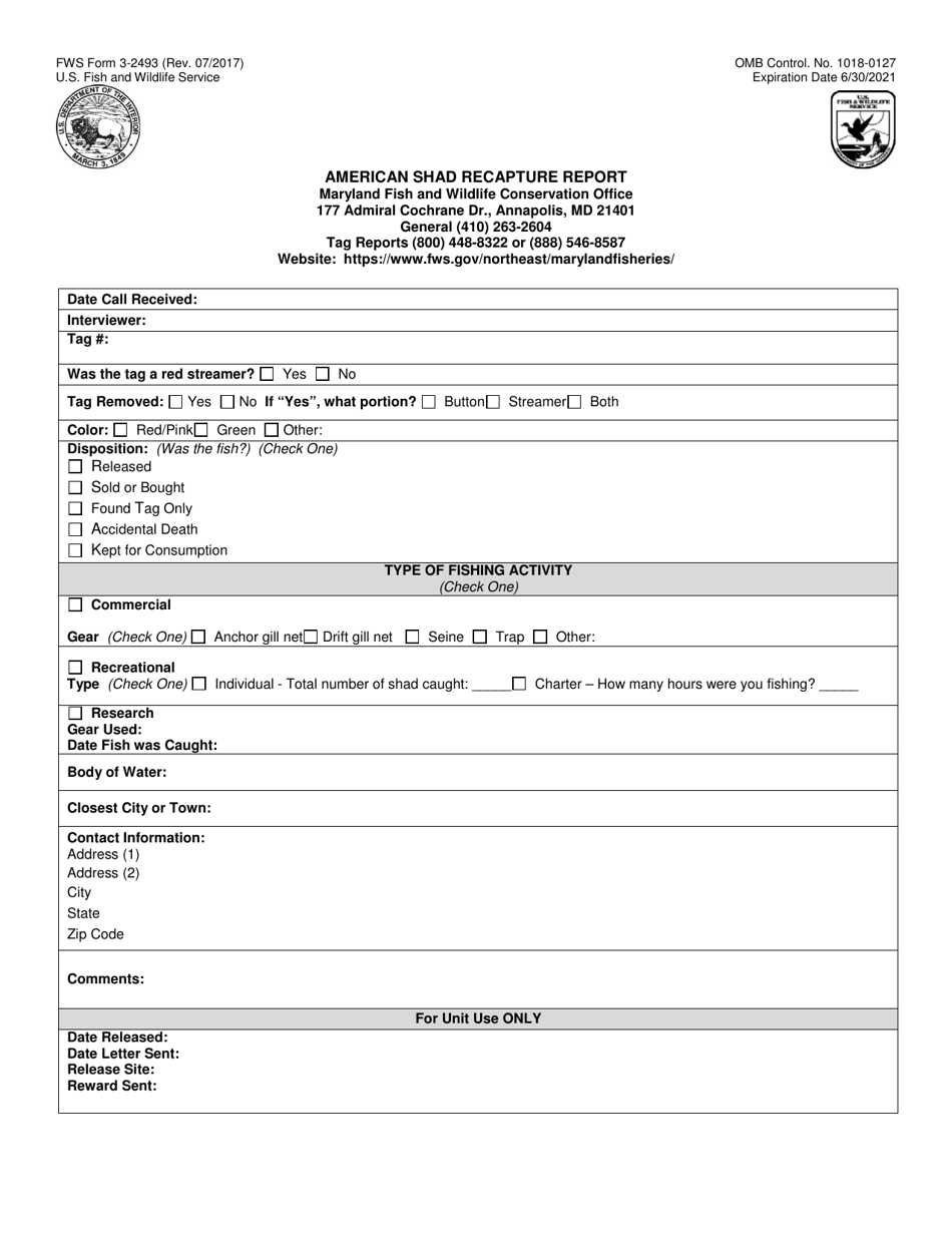 FWS Form 3-2493 American Shad Recapture Report, Page 1
