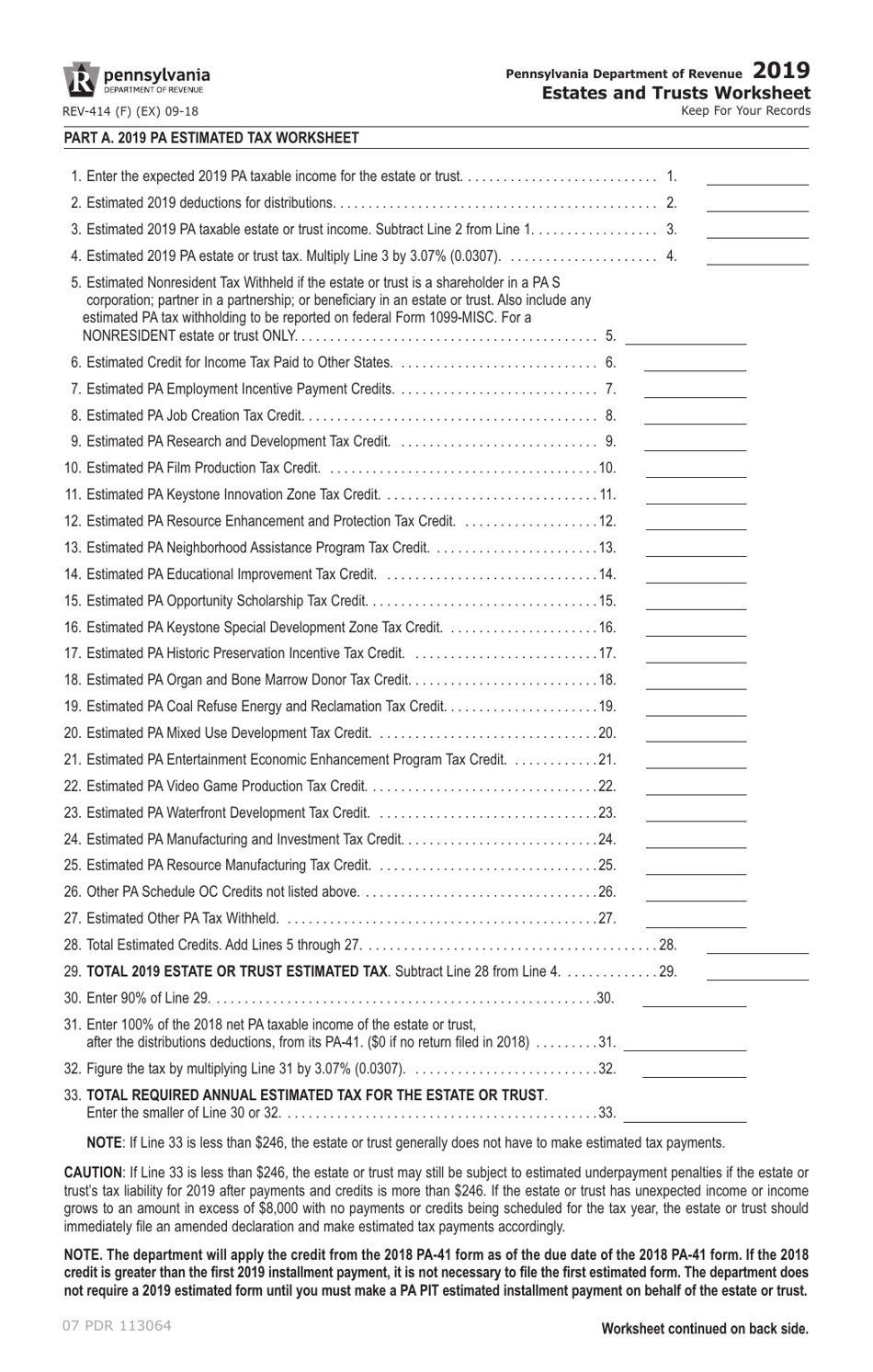 Form REV-414 (F) Estates and Trusts Worksheet - Pennsylvania, Page 1