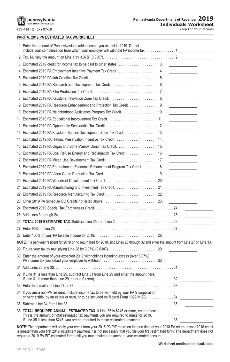 Form REV-414 (I) Individuals Worksheet - Pennsylvania, Page 1