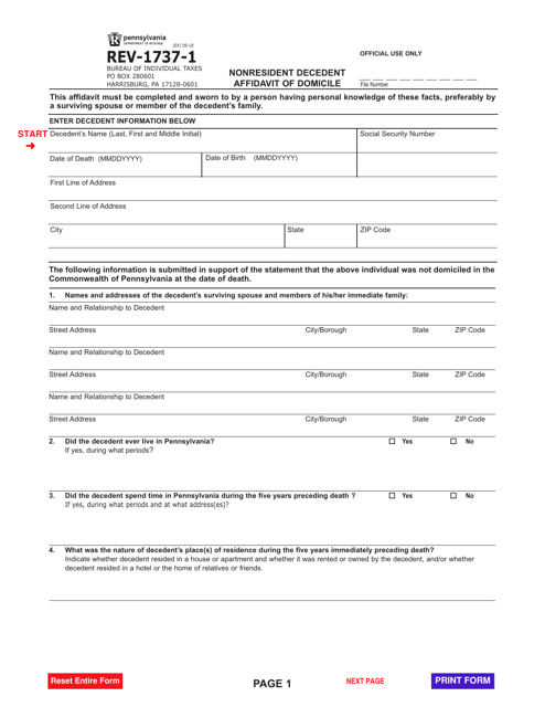 Form REV-1737-1 Nonresident Decedent Affidavit of Domicile - Pennsylvania