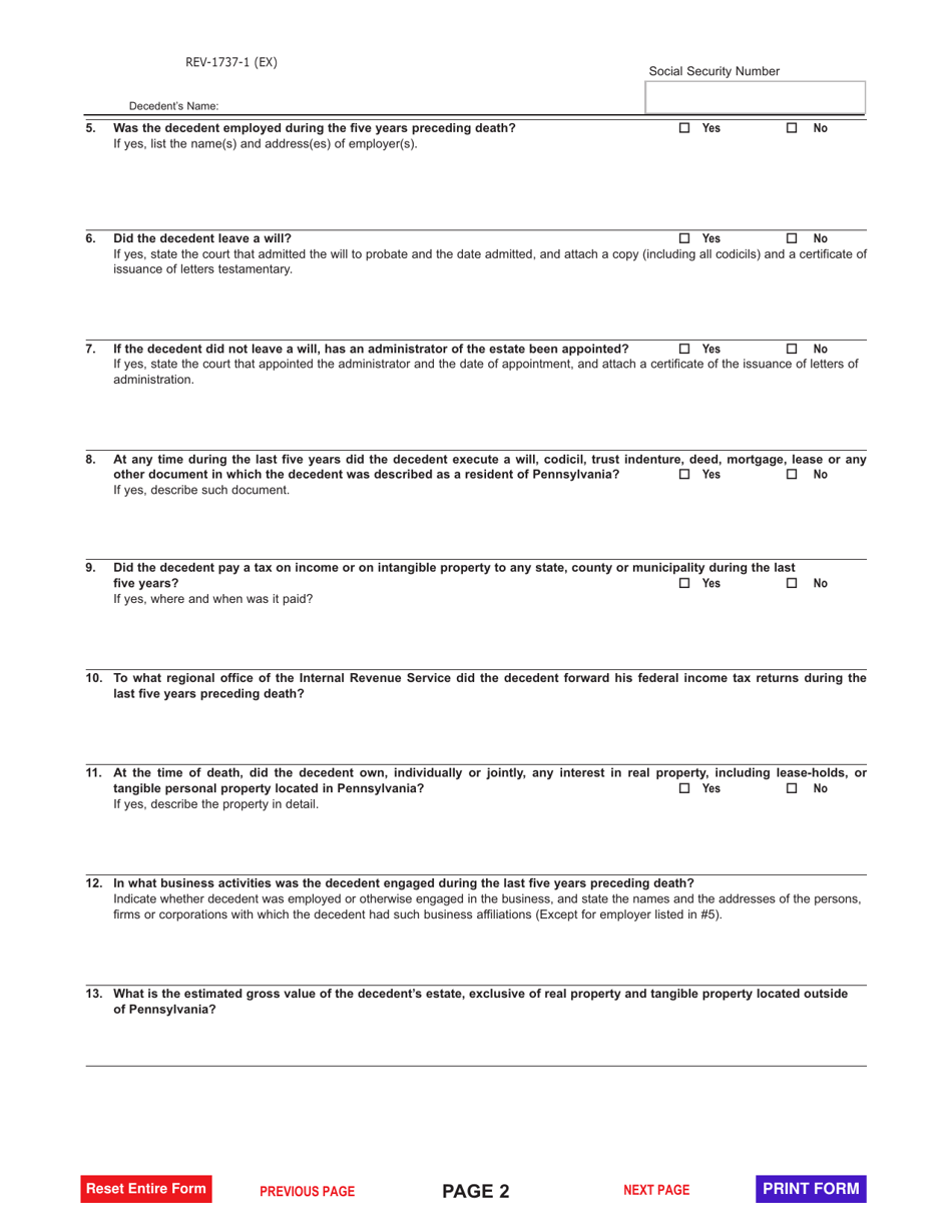 Form REV-1737-1 Nonresident Decedent Affidavit of Domicile - Pennsylvania, Page 2
