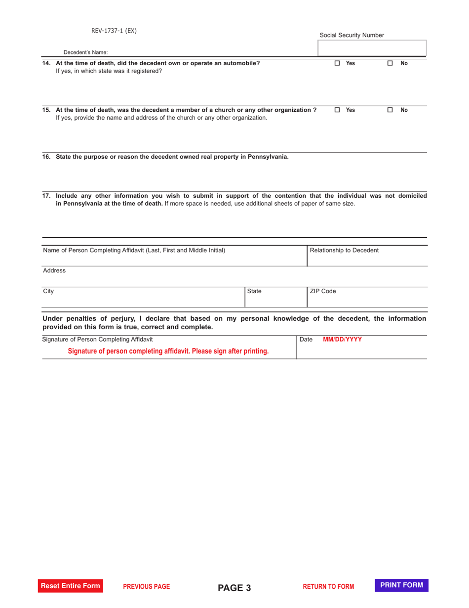 Form REV-1737-1 Nonresident Decedent Affidavit of Domicile - Pennsylvania, Page 3
