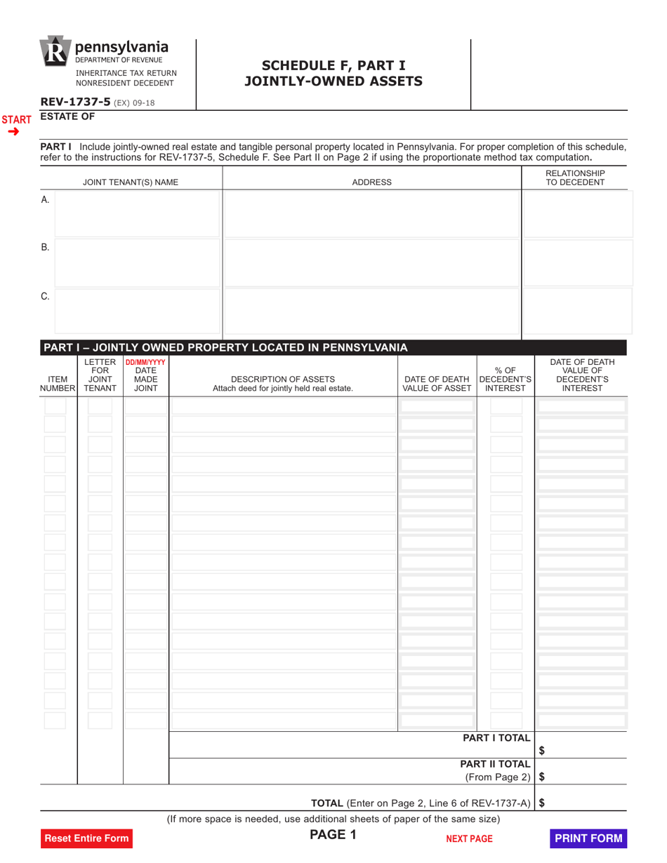 Form REV-1737-5 Schedule F Jointly-Owned Assets - Pennsylvania, Page 1