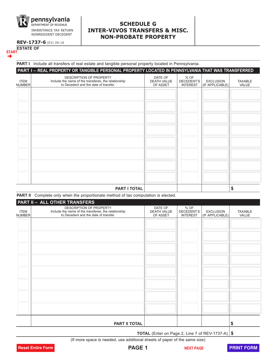 Form REV-1737-6 Schedule G Inter-Vivos Transfers  Misc. Non-probate Property - Pennsylvania, Page 1