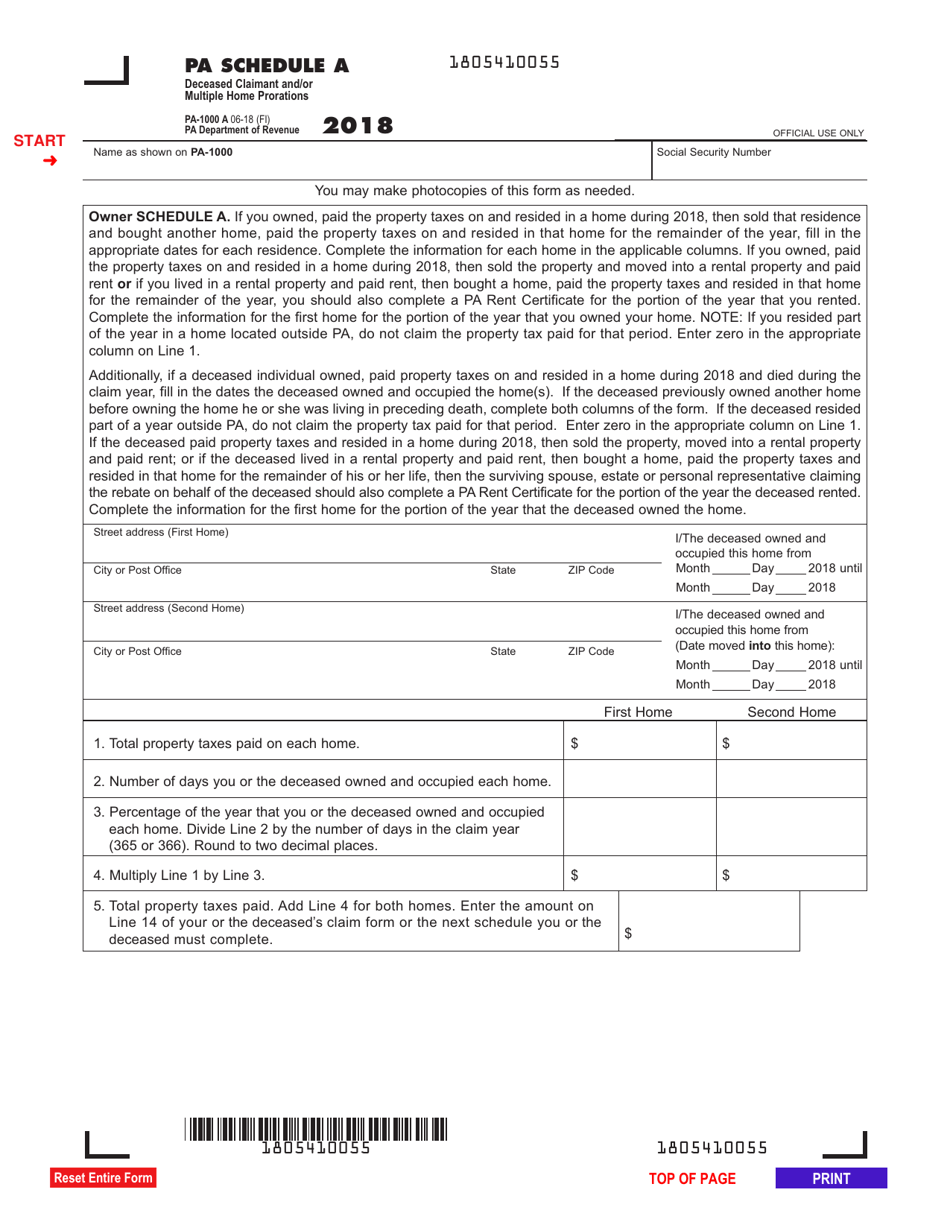 Form PA-1000 A Schedule A Deceased Claimant and / or Multiple Home Prorations - Pennsylvania, Page 1