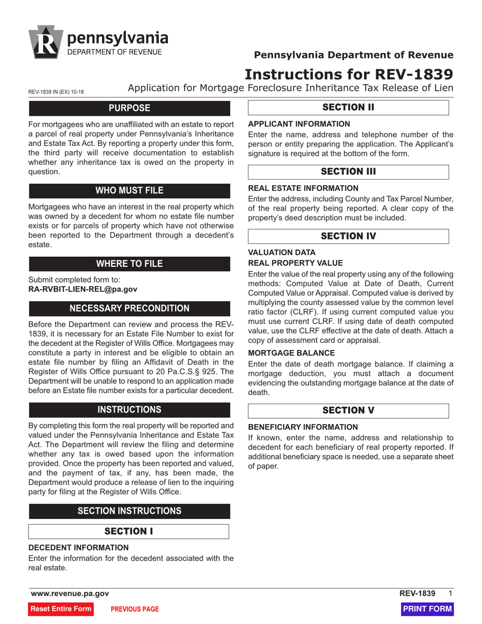 Form REV-1839 Application for Mortgage Foreclosure Inheritance Tax Release of Lien - Pennsylvania, Page 2