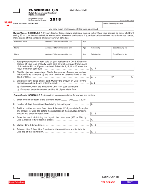 Form PA-1000 F/G Pa Schedule F/G - Multiple Owner or Lessor Prorations/ Income Annualization - Pennsylvania, 2018