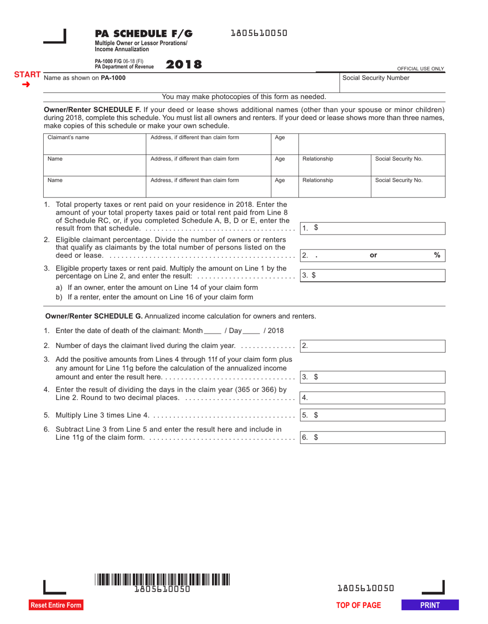 Form PA-1000 F / G Pa Schedule F / G - Multiple Owner or Lessor Prorations / Income Annualization - Pennsylvania, Page 1