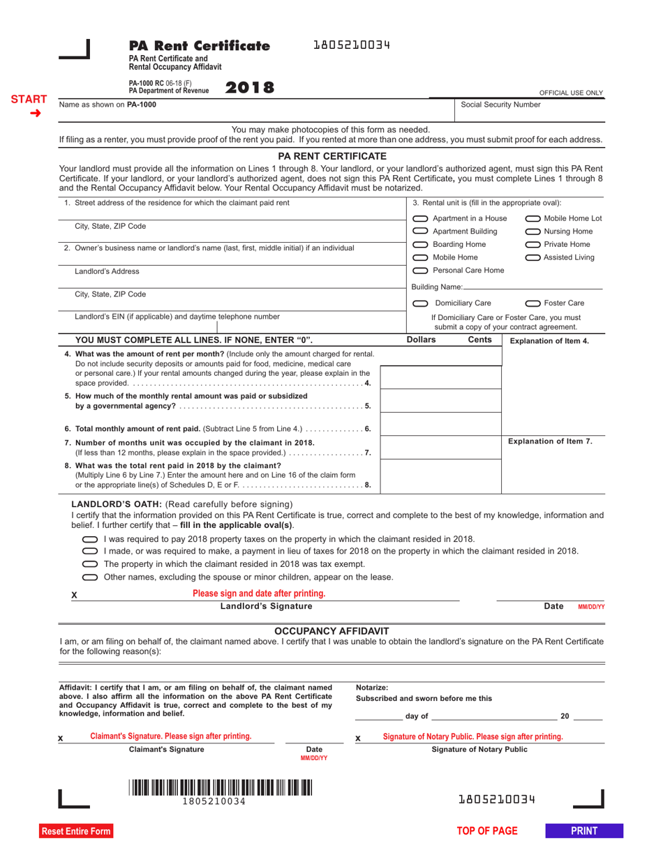 Form PA-1000 RC Pa Rent Certificate and Rental Occupancy Affidavit - Pennsylvania, Page 1
