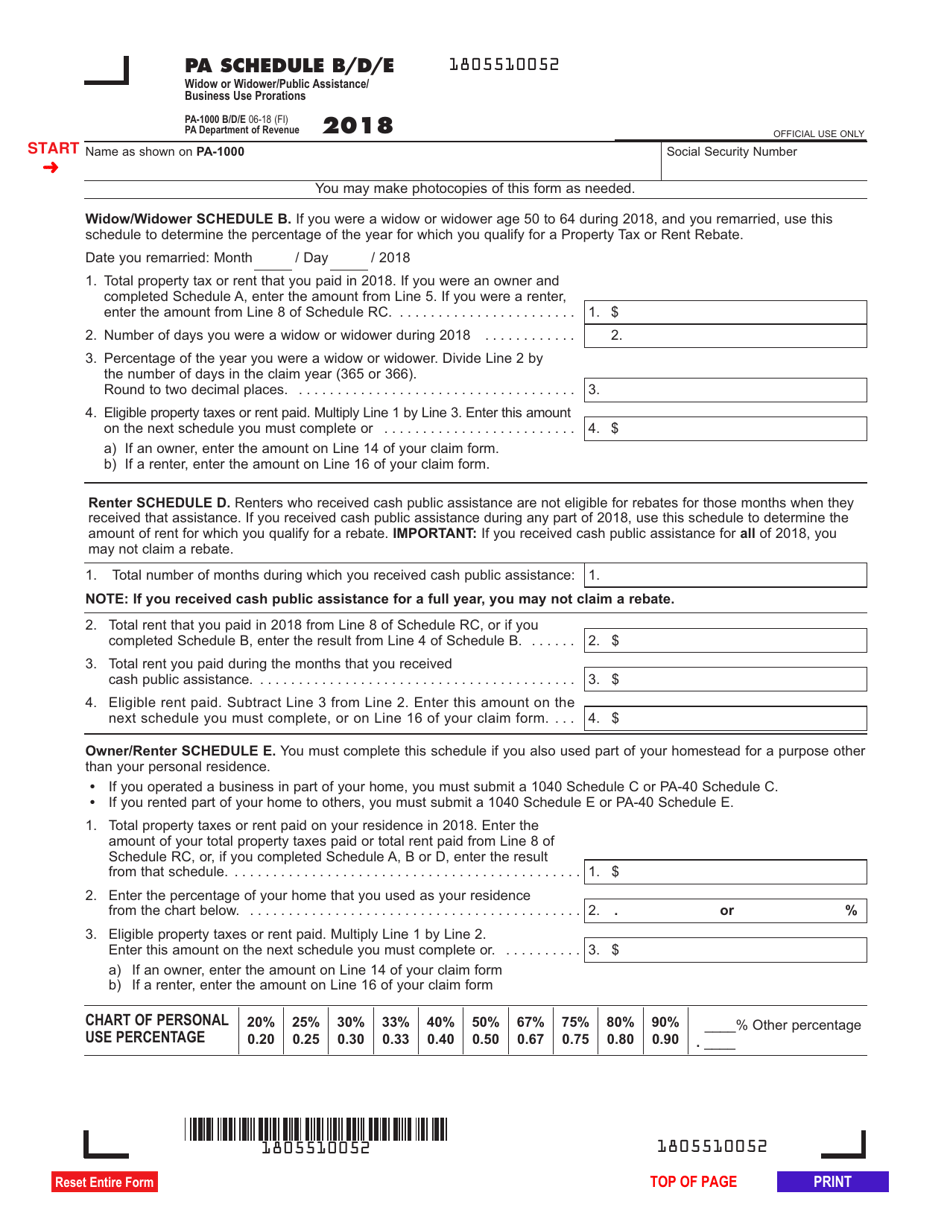 Form PA-1000 B / D / E Pa Schedule B / D / E - Widow or Widower / Public Assistance / Business Use Prorations - Pennsylvania, Page 1