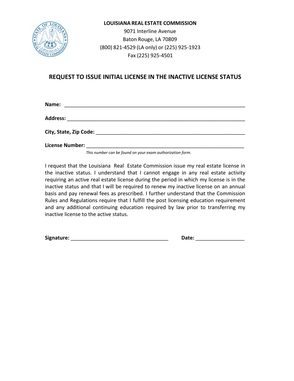 Request to Issue Initial License in the Inactive License Status - Louisiana, Page 1