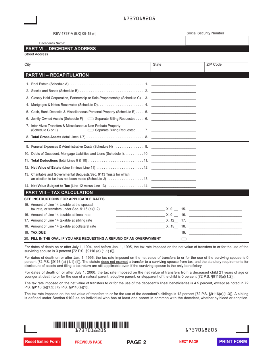 Form REV-1737-A Inheritance Tax Return - Nonresident Decedent - Pennsylvania, Page 2