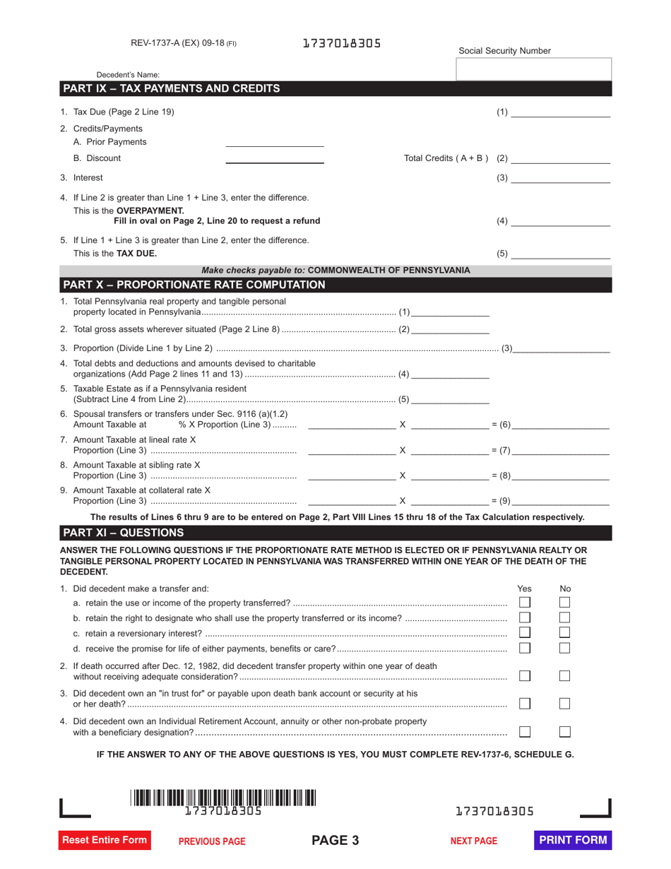 Form REV-1737-A Inheritance Tax Return - Nonresident Decedent - Pennsylvania, Page 3